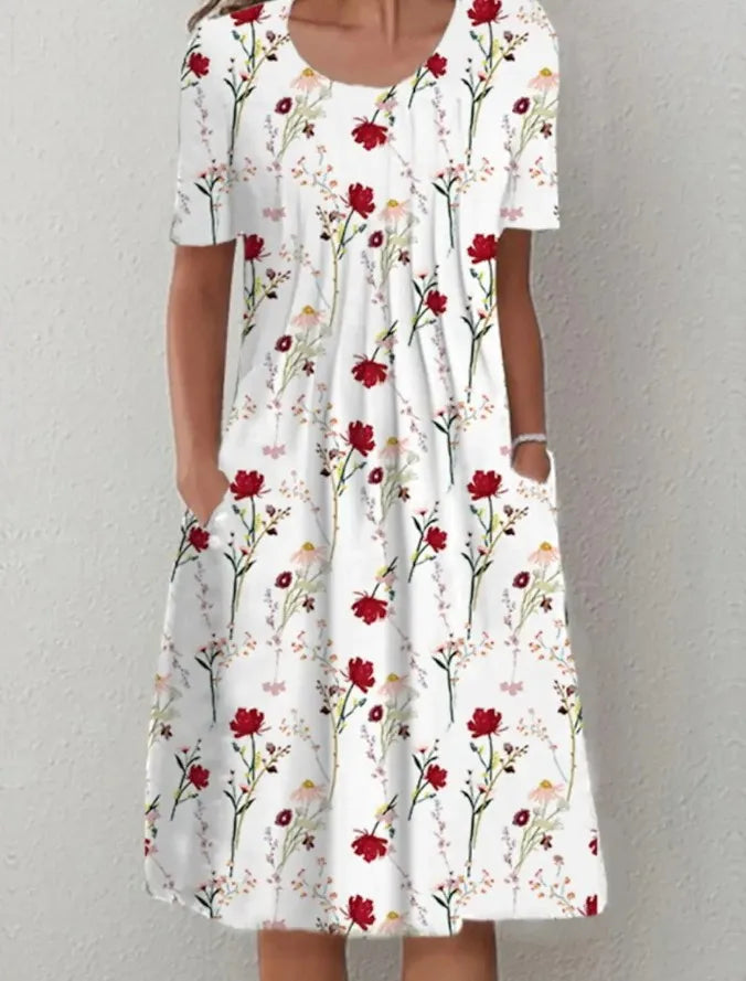 Summer Fashion Boho Floral Print Pocket Midi Dress For Women O Neck Short Sleeve Casual Loose Dress Female Women's Clothing