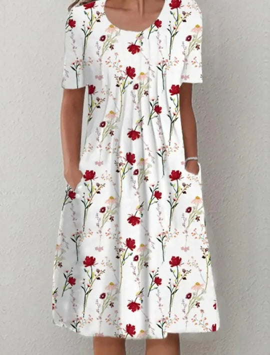 Summer Fashion Boho Floral Print Pocket Midi Dress For Women O Neck Short Sleeve Casual Loose Dress Female Women's Clothing