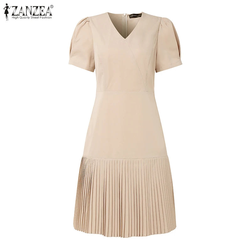 Elegant Pleated Dresses Women Summer Dress V Neck Puff Sleeve Party Vestidos Stylish Solid OL Work Sundress