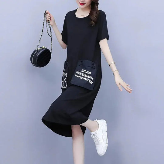 Fashion O-Neck Spliced Pockets Printed Letter Casual Dresses Women's Clothing 2024 Summer New Loose Commuter Short Sleeve Dress