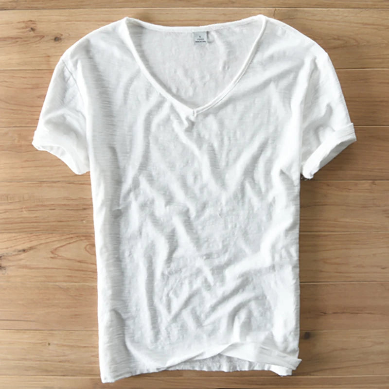 Summer T Shirt Men 100% Cotton Short Sleeve Tshirt V-neck Tops&Tee