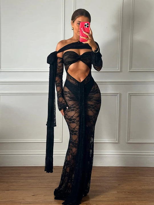 Weird Puss Sexy Scarf+Dress Women Mesh Jacquard Hollow Split Midnight Backless Vacation Beach birthday Banquet Party Vestidos