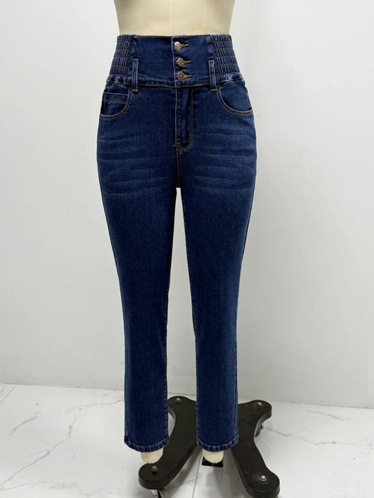 Jeans Pencil Pants Women 2025 Skinny Trousers High Waist Strecth Washed Distressed Pockets Buttons Vintage Denims Streetwear