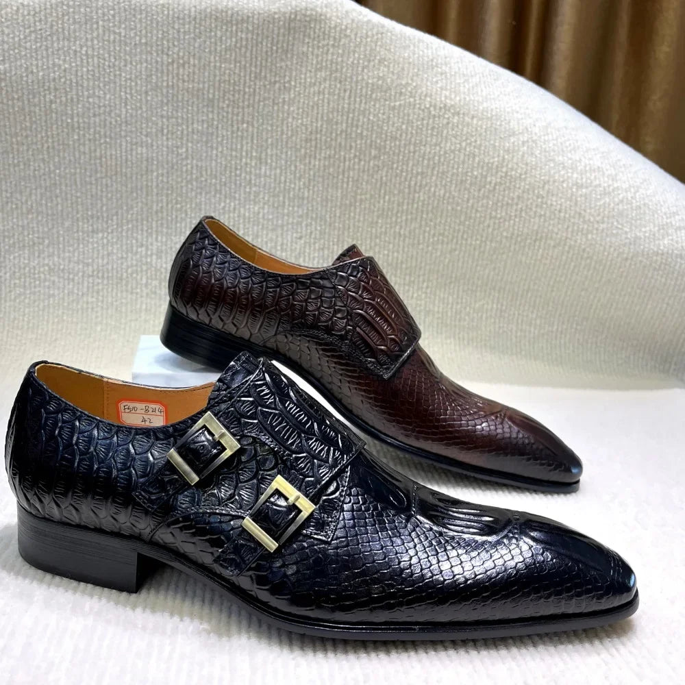 Men's Italian Genuine Leather Formal Oxford Shoes Python Crocodile Pattern Button Detailing for Office Party Wedding Footwear