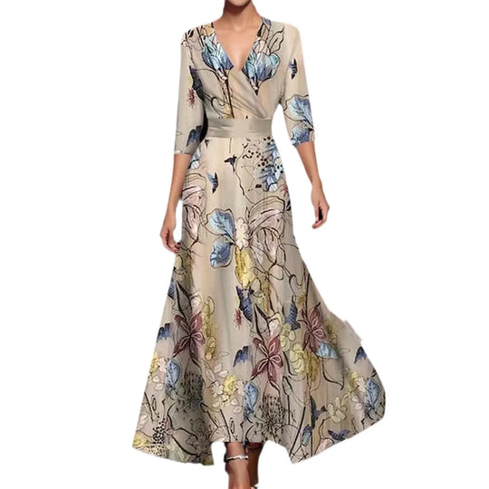 Elegant Women's Retro Printed Short Sleeved Dress Spring/Summer New V-neck Pocket Loose Casual Robe Women Clothing Long Vestidos