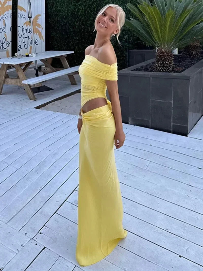 Elegant Yellow Holiday Beach Dresses for Women Sexy Slash Neck Mesh