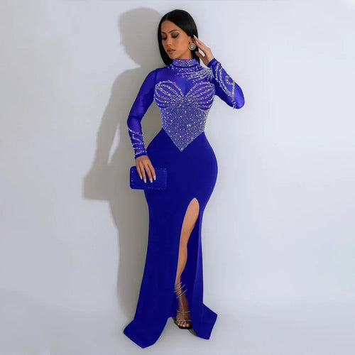 BWQ Women Long Sleeve Diamonds Hot Rhinestones High Side Split Mermaid