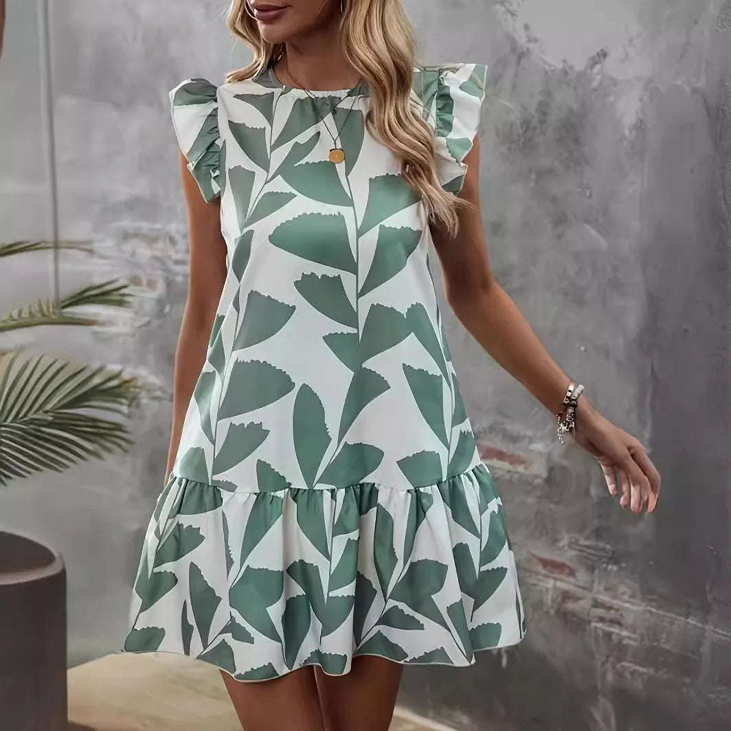 Casual loose ruffled short-sleeved dress summer women's 2024 new round neck floral elegant dress temperament elegant dress