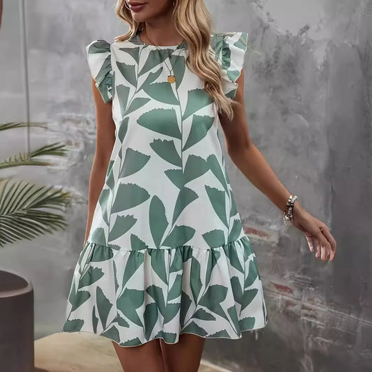 Casual loose ruffled short-sleeved dress summer women's 2024 new round neck floral elegant dress temperament elegant dress