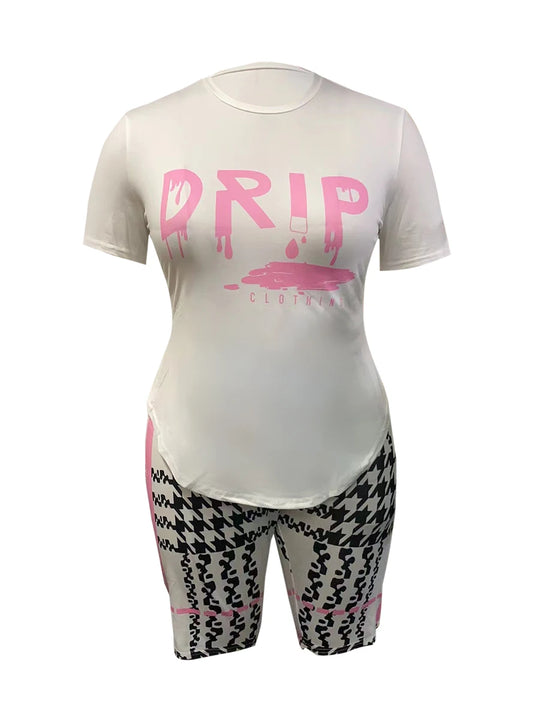 LW Plus Size Drip Letter Plaid Print  for Women Shorts & Short Sleeved Set Summer Fashion Clothes Women Clothing Set Outfit