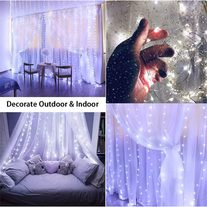 Solar LED Curtain Light Outdoor Garland Solar Fairy String Light Pavilion Garden Party Holiday Christmas Decor Copper Wire Lamps