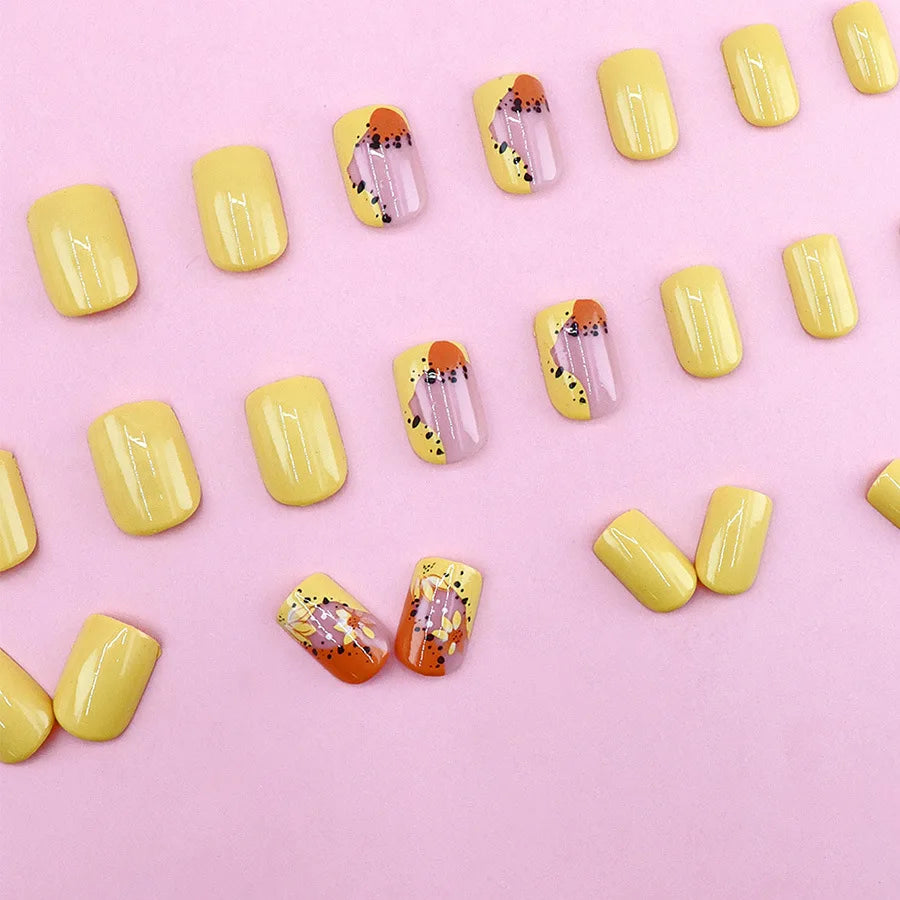 24pcs/set short saure fake nails for Spring summer season french style flowers butterfly design press on false nail art tips