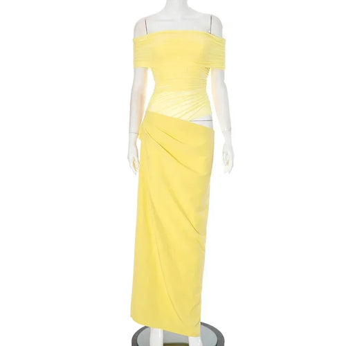 Elegant Yellow Holiday Beach Dresses for Women Sexy Slash Neck Mesh