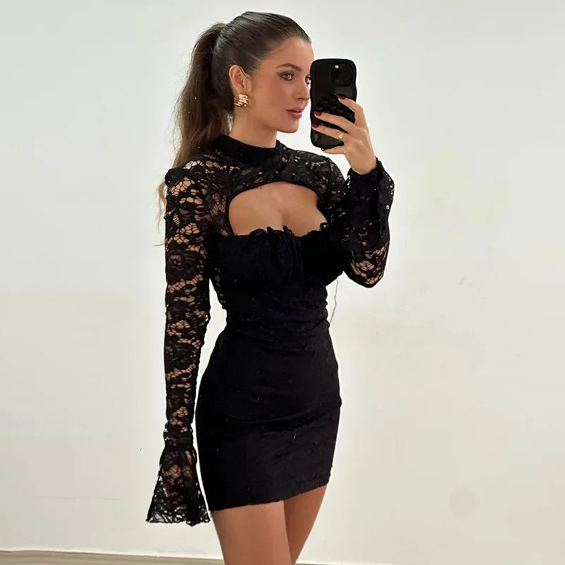 TARUXY Lace Splice Chest Hollow Dress Women's Tight Waist Sexy Slim