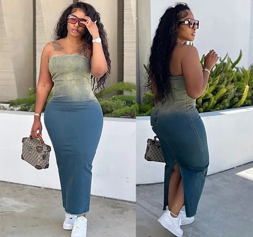 Summer Gradient Women's Denim Dress Fashion Corset Sleeveless Sexy