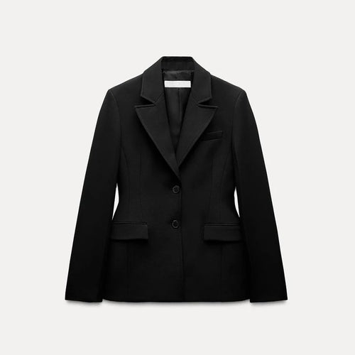 Elegant Shoulder Pad Slim Suit Jackets Women Solid Lapel Long Sleeved