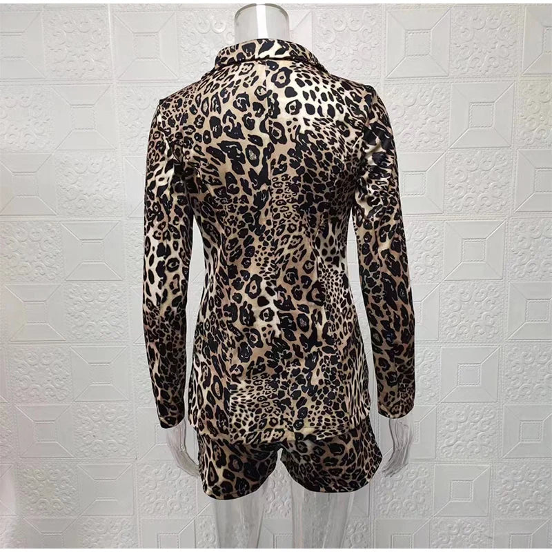 Fashion Turn-down Collar Printed Top Pants Set Women Elegant Full Sleeve Top Short Pants Suit Lady Summer Chic Casual Sets