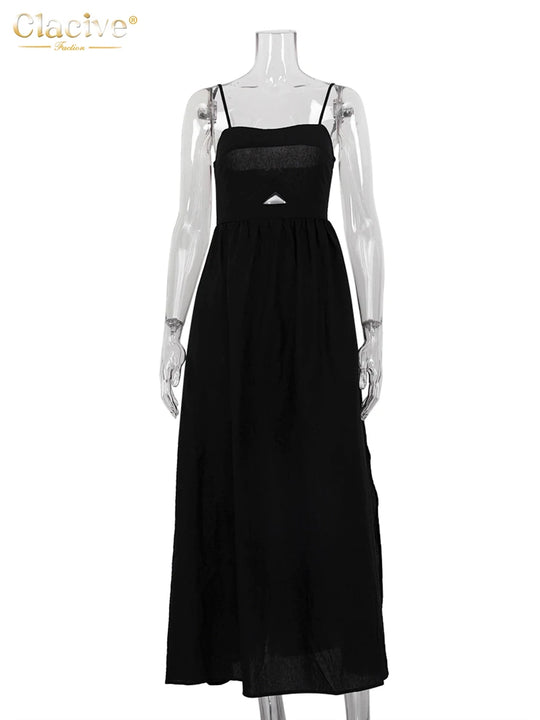 Clacive Sexy Loose Black Cotton Womens Dresses 2024 Summer Strap
