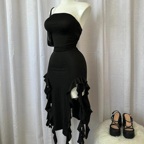 Women Strapless Sexy Floral Fold Hemline High Slit Mini Dress 2024