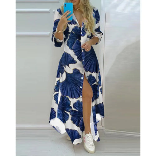 Women Boho Printed Long Shirts Dress Summer Turn-down Collar Long