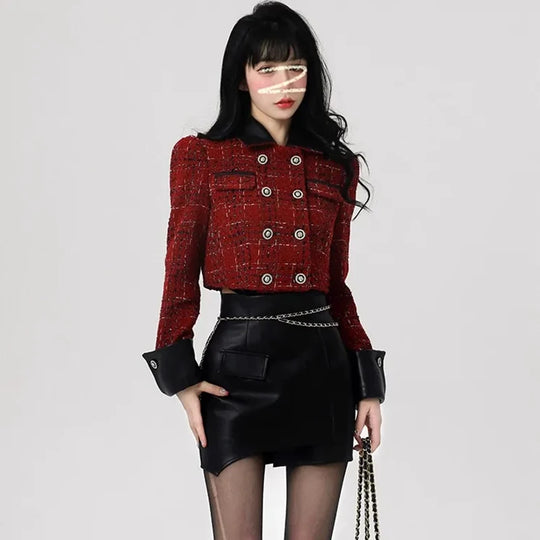 Vintage Cropped Tweed Jacket Women Elegant Blazers Korean Patchwork