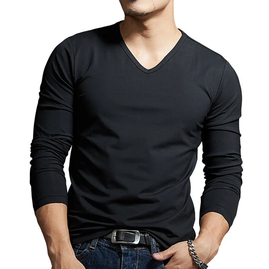 Men Bottoming Shirt Plus Size V-Neck Long Sleeve T-Shirt Slim Base