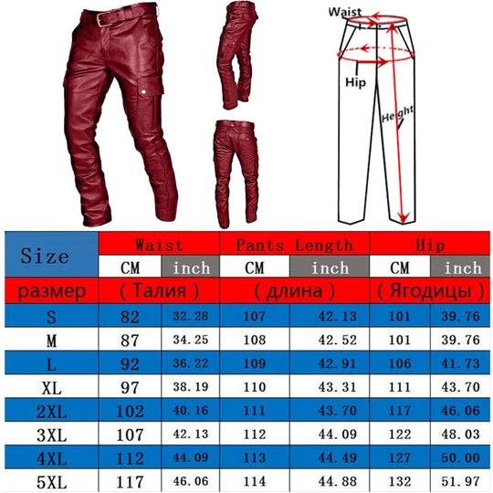 Men's Leather Motorcycle Pants with Cargo Pockets, Black, PU Pants  No