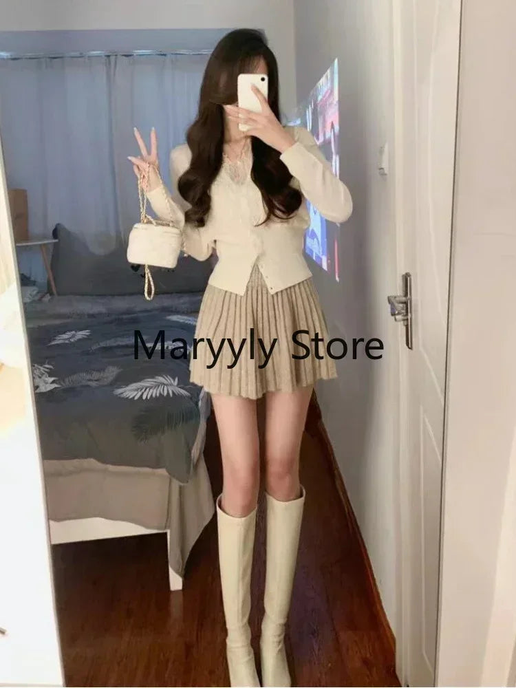 2023 Autumn Women French Long Sleeve Cardigan + High Waist Mini Skirt