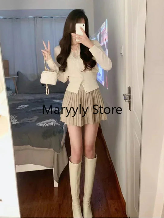 2023 Autumn Women French Long Sleeve Cardigan + High Waist Mini Skirt