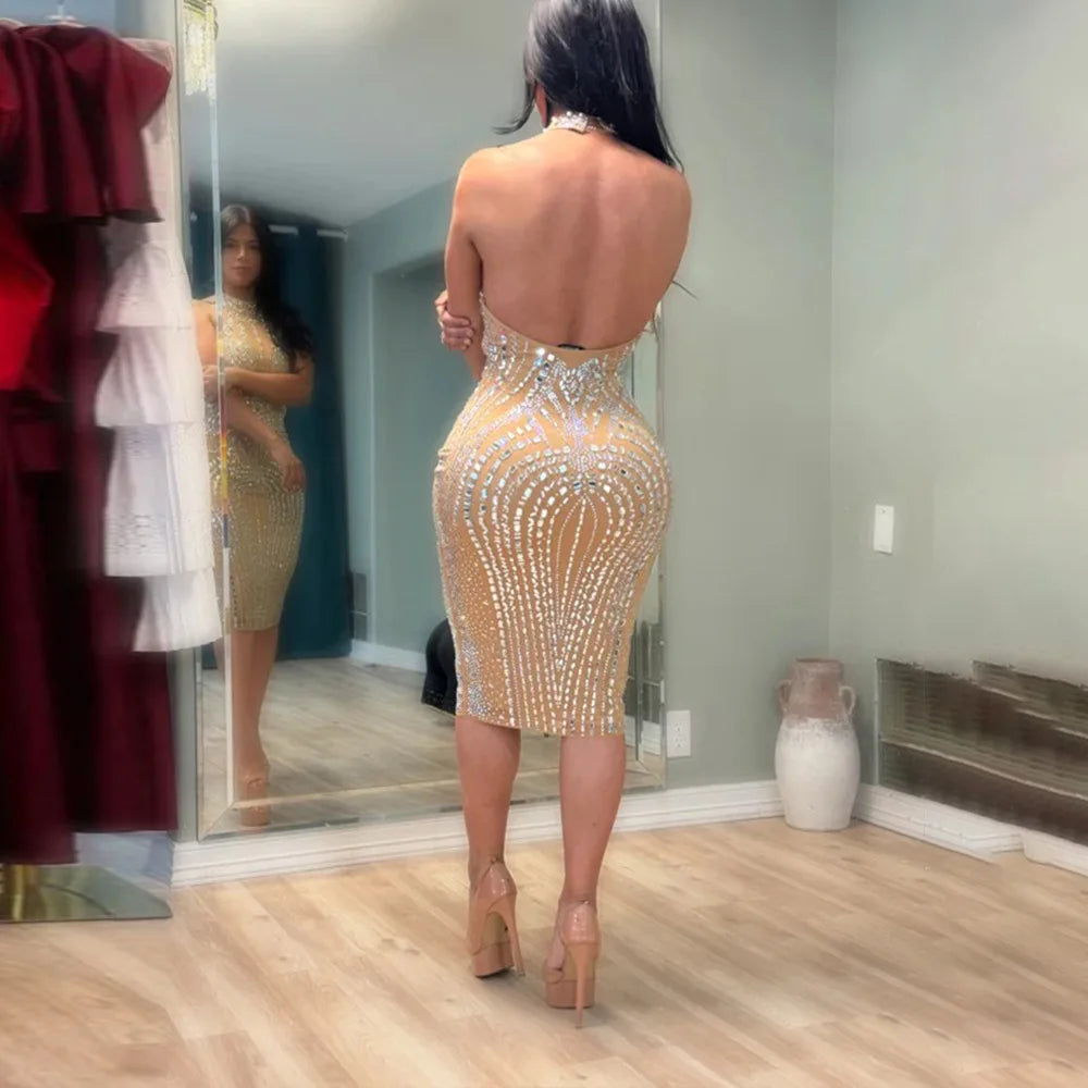 Backless Dress Sexy Wrap Buttocks Vestidos Women Party Dresses Sheath Slim Fit Spliced Summer Diamonds Knee Length