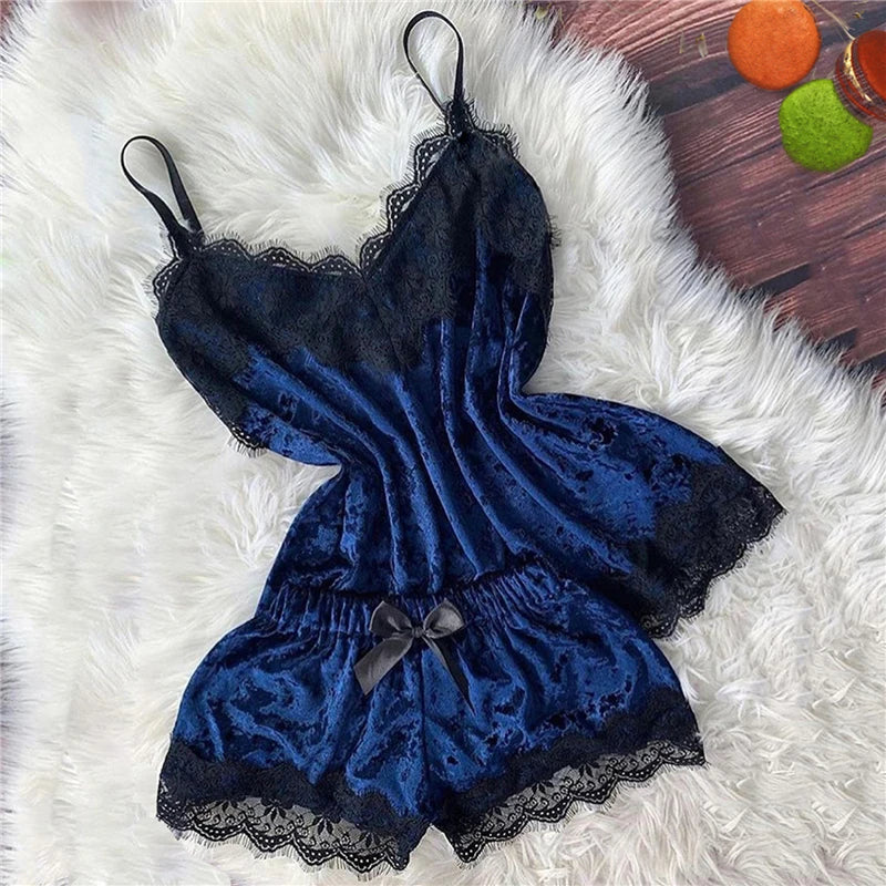 Sexy Lingerie Women Sleep Wear Camisole Bow Shorts V-Neck Tops Velvet