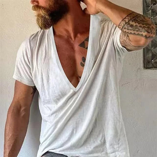 Vintage Loose Cotton T Shirts Men Casual V Neck Short Sleeve Solid