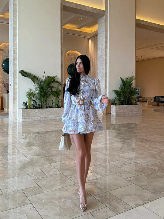 Elegant Women's Printed Dress Long Sleeve O-Neck Button Lady Dresses With Belt Summer Fashion Female Party Short Dress