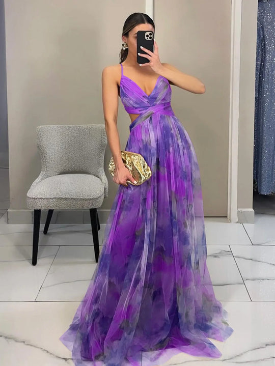 Spring/Summer New Mesh Printed Sling Dress Vacation Casual Gathering Dress