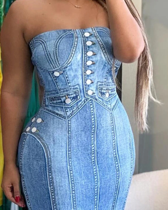 Women's Urban Suits Denim Look Print Bandeau Bodycon  Summer