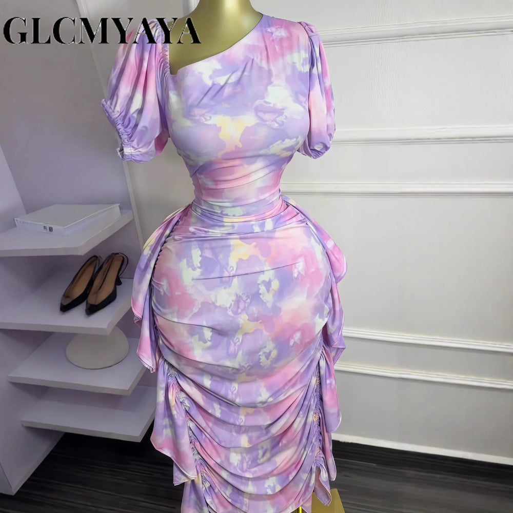 Women Tie Dye Printed Skew Neck Ruched Stacked Bodycon Midi Maxi Long Dress Vacation Holiday Sexy Vestidos Dresses