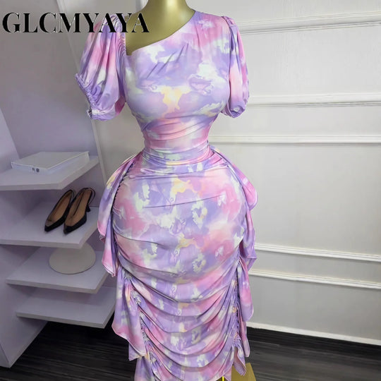 Women Tie Dye Printed Skew Neck Ruched Stacked Bodycon Midi Maxi Long Dress Vacation Holiday Sexy Vestidos Dresses
