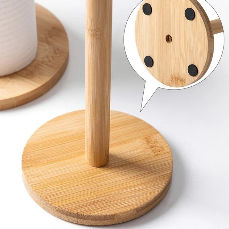 Kitchen Wooden Roll Paper Towel Holder Bathroom Tissue Vertical Stand