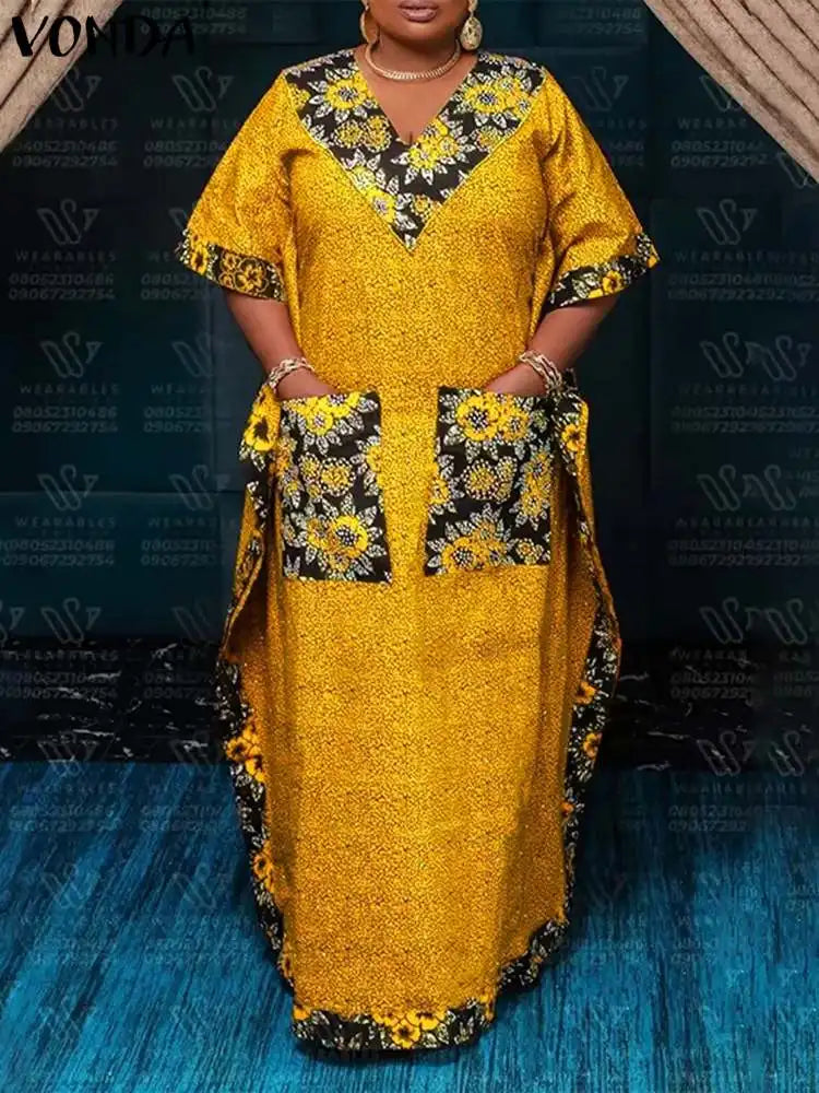 VONDA Fashion Long Dress Women Summer Sundress Bohemian V-Neck Short Sleeve Printed Maxi Dress 2025 Casual Pockets Oversize Robe