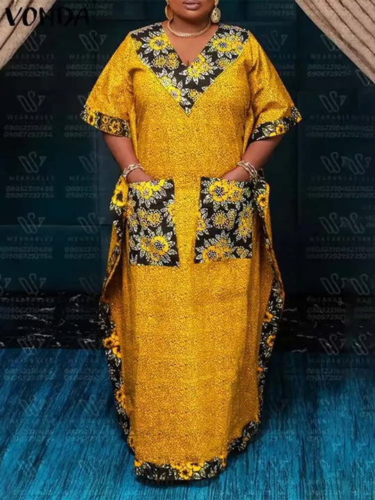 VONDA Fashion Long Dress Women Summer Sundress Bohemian V-Neck Short Sleeve Printed Maxi Dress 2025 Casual Pockets Oversize Robe