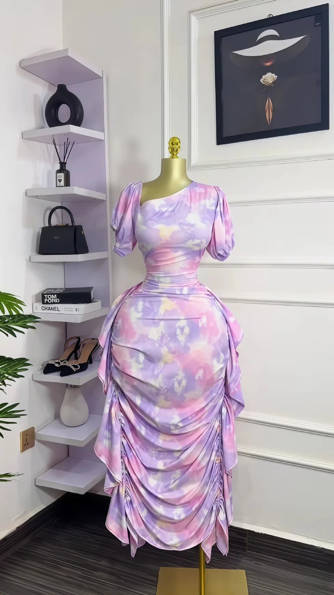 Women Tie Dye Printed Skew Neck Ruched Stacked Bodycon Midi Maxi Long Dress Vacation Holiday Sexy Vestidos Dresses