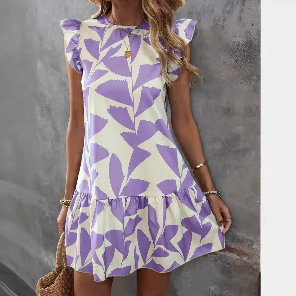 Casual loose ruffled short-sleeved dress summer women's 2024 new round neck floral elegant dress temperament elegant dress