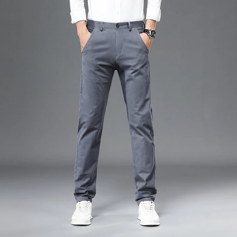 98% Cotton Casual Pants Men Solid Color Business Fashion Straight Slim