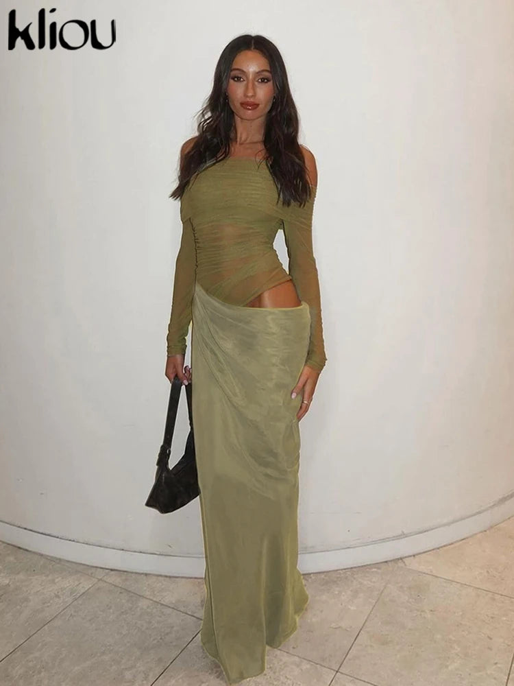 kliou Stacked Mesh Pleated Women Maxi Dress Fashion Hot See Through