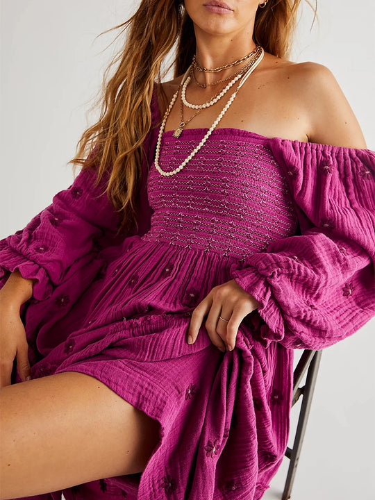 Women's Flower Embroidered Long Dress Bodycon Lantern Sleeve Square