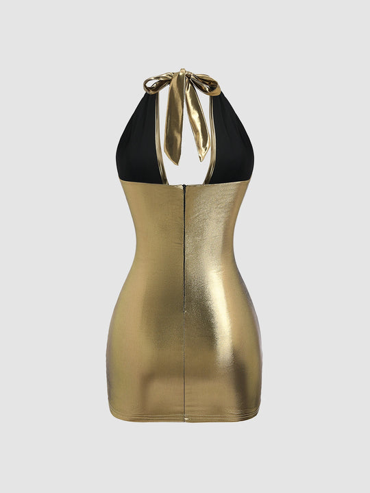 Sexy Solid Golden Party Women Dress Sleeveless V-Neck Halter Neck