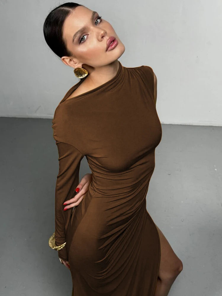 Mozision Skew Collar One Sleeve Sexy Maxi Dress For Women Gown Fashion
