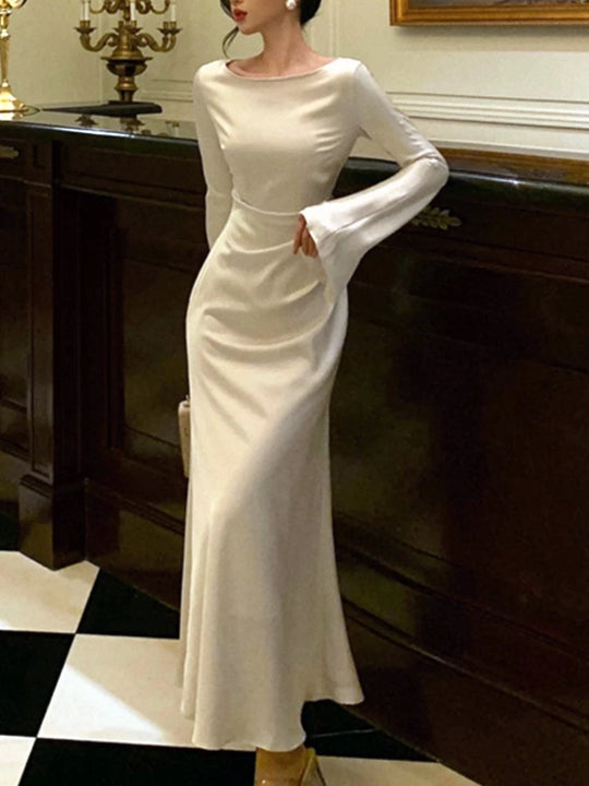 Autumn Elegant Solid Midi Dress Women Flare Sleeve Slim Mermaid Spring