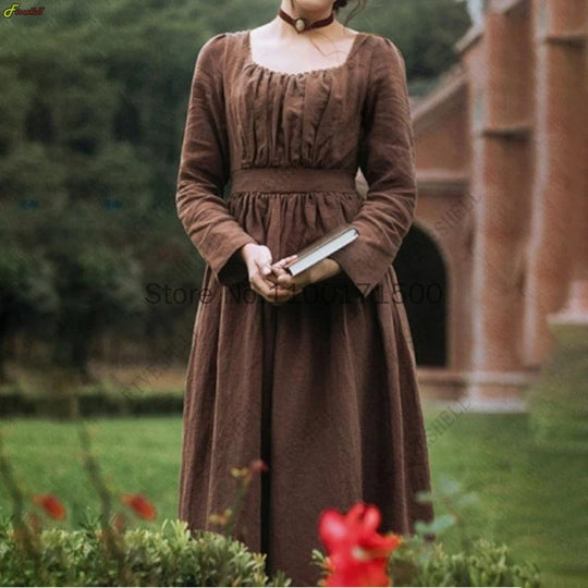 Women Medieval Victorian Retro Dress Square Collar Long Sleeves High