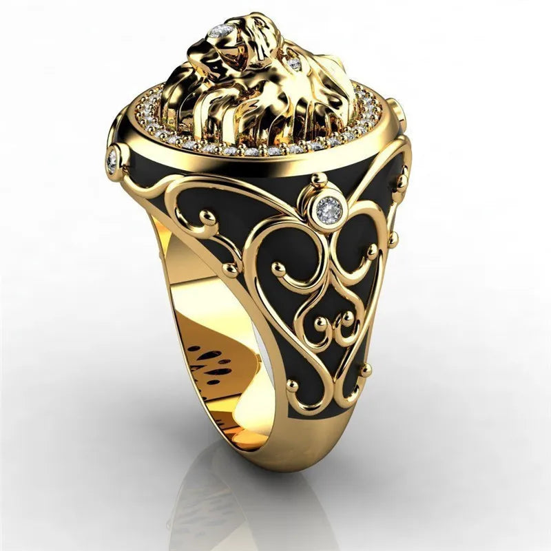 Male Black Stone Lion Punk Rings for Women Men Animal Jewelry Retro Fashion Yellow Gold Color Hip Hop Ring Couple Gift Wholesale